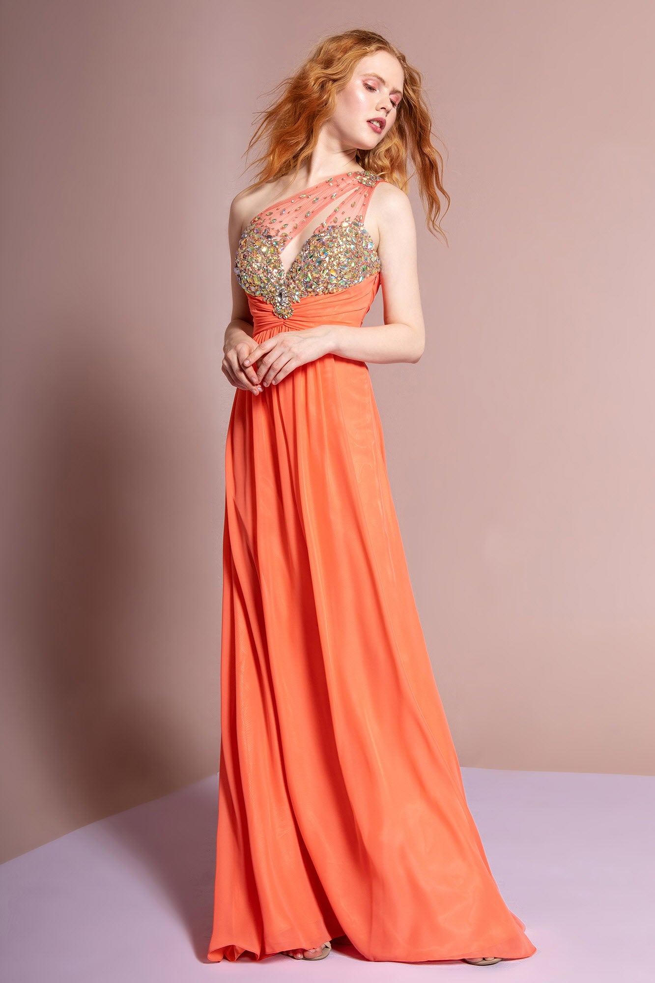 One Shoulder Chiffon Long Dress with Jewel Embellished Bodice and Ruched Waistline