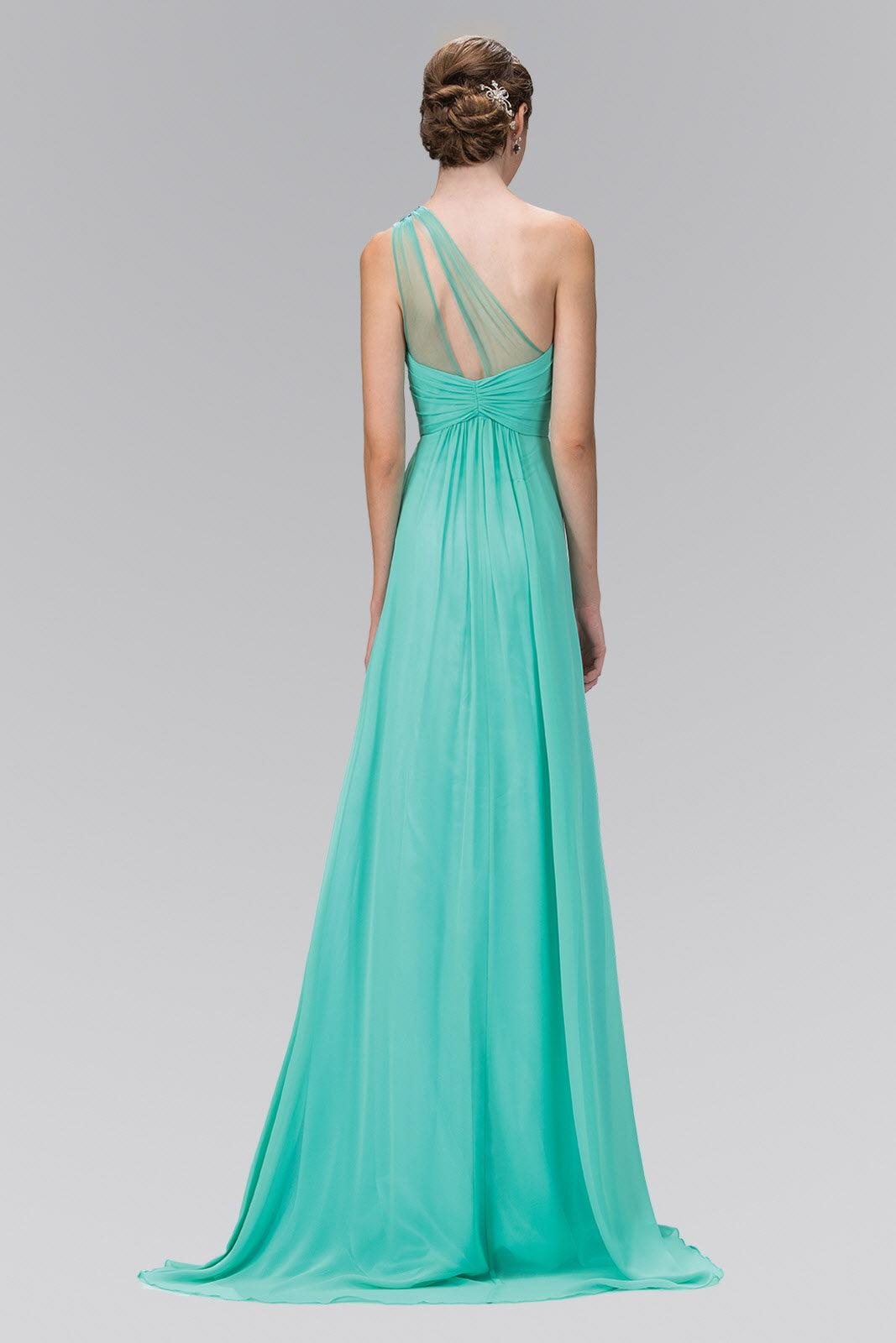 One Shoulder Chiffon Long Dress with Jewel Embellished Bodice and Ruched Waistline