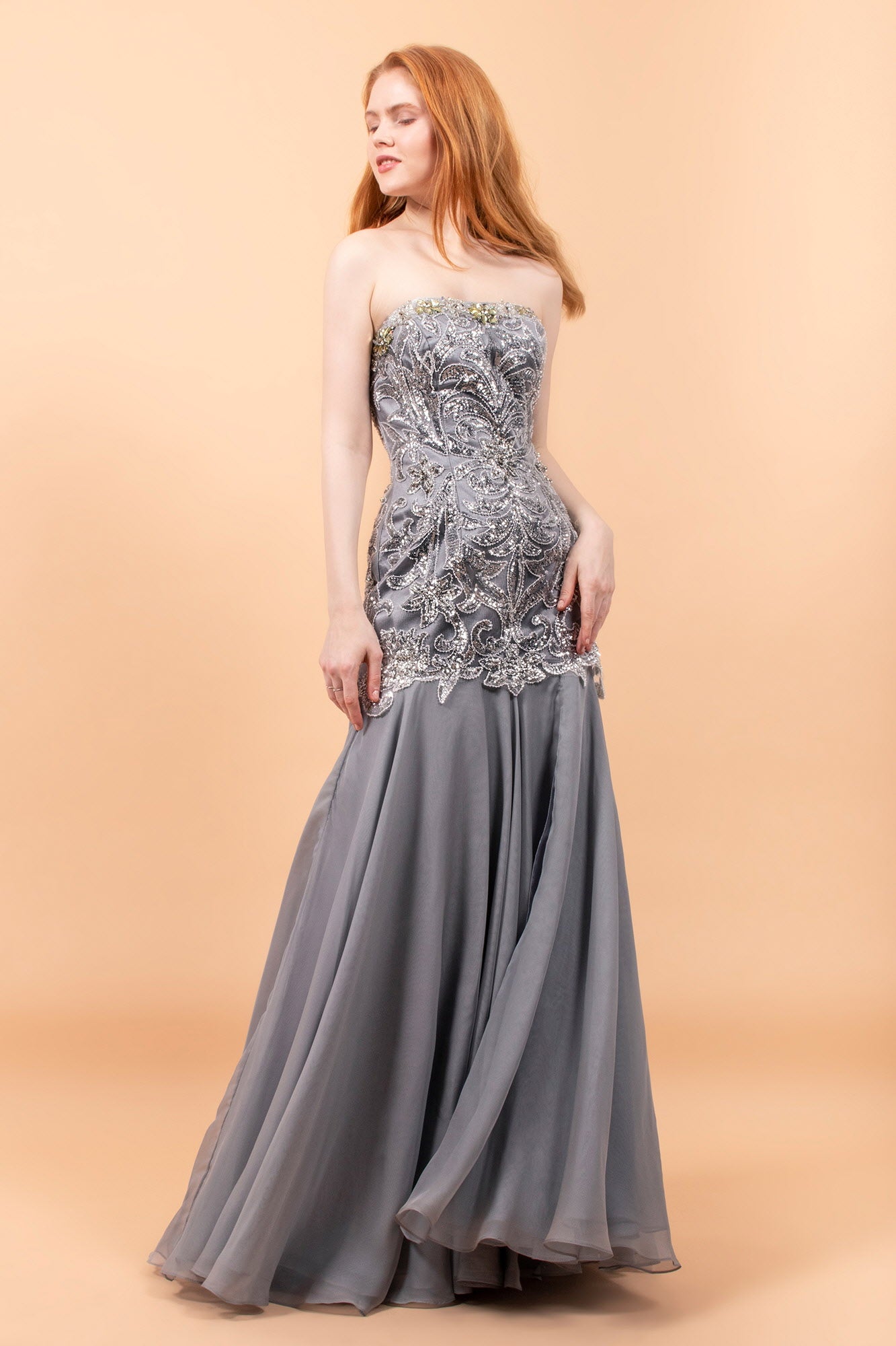 Strapless Chiffon Long Dress with Side Slit and Beaded Bodice