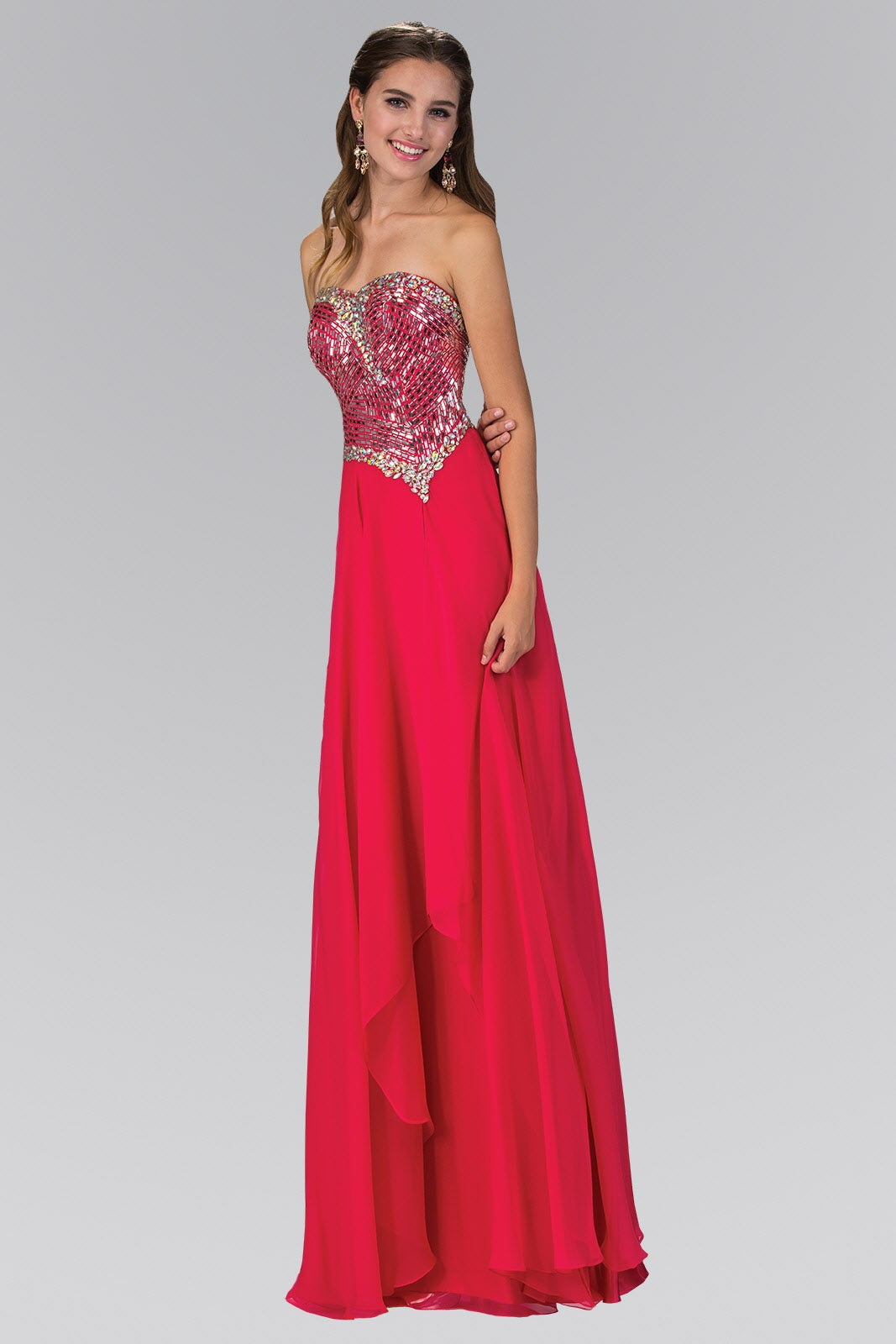 Strapless Chiffon Floor Length Dress with Jeweled Bodice