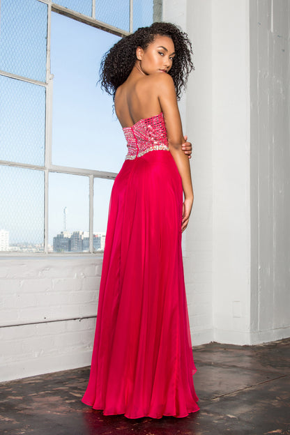 Strapless Chiffon Floor Length Dress with Jeweled Bodice