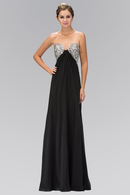 Strapless Open Back Chiffon Long Dress with Jewel Embellished Bust