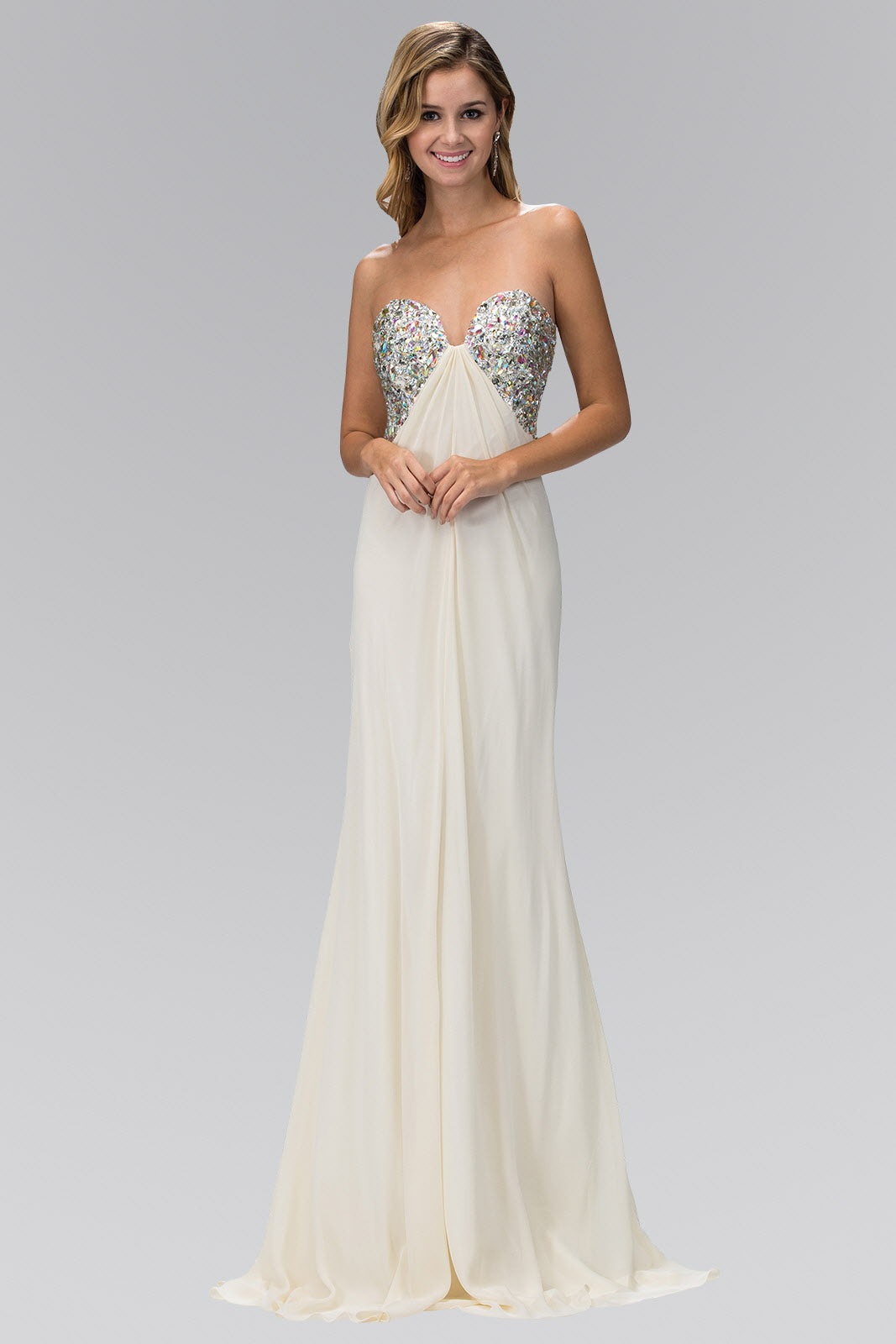 Strapless Open Back Chiffon Long Dress with Jewel Embellished Bust