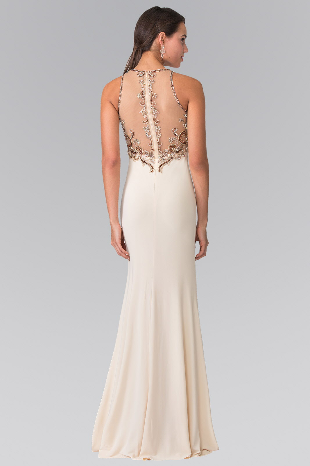 Floor Length Dress with Jewel Embellished Sheer Bodice and Back