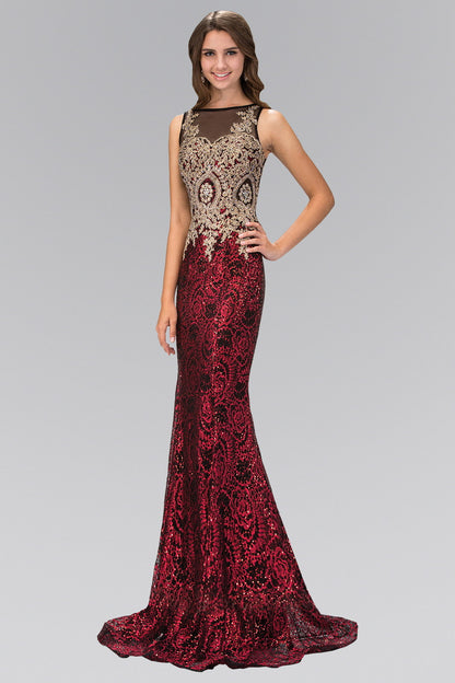 Floor Length Dress with Gold Lace on Bodice and Sequin on Skirt