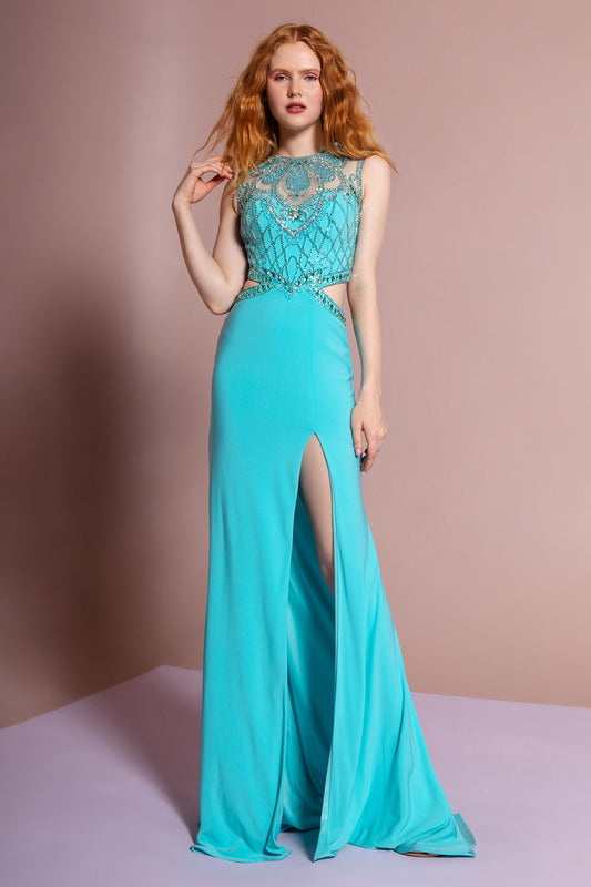 Jersey Long Dress with Side and Back Cutout and Side Slit