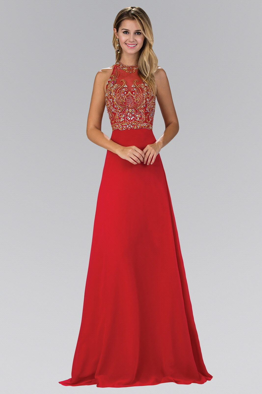 Jewel and Bead Embellished Long Dress with Back Cut Out