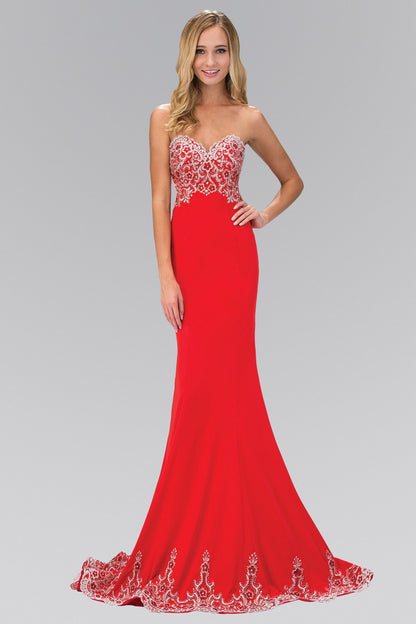 Lace Embellished Strapless Floor Length Dress