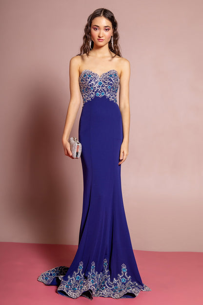 Lace Embellished Strapless Floor Length Dress