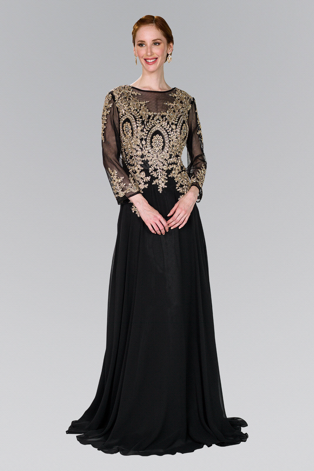 Lace Embellished Floor Length Dress with Sheer Sleeve