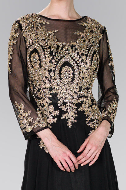 Lace Embellished Floor Length Dress with Sheer Sleeve