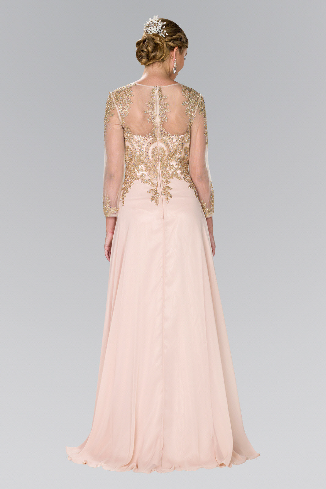 Lace Embellished Floor Length Dress with Sheer Sleeve