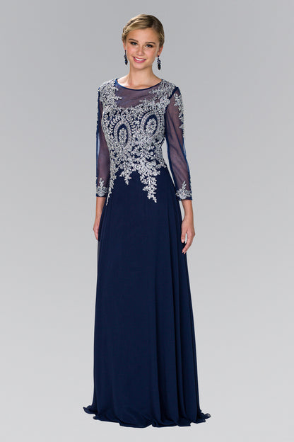 Lace Embellished Floor Length Dress with Sheer Sleeve