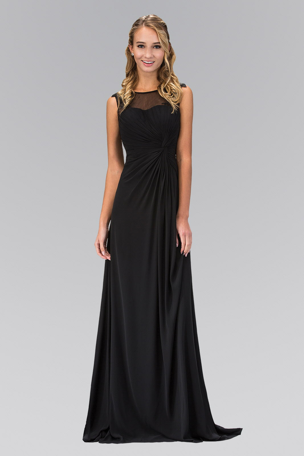 Ruched Floor Length Dress with Illusion Neckline and Sheer Back