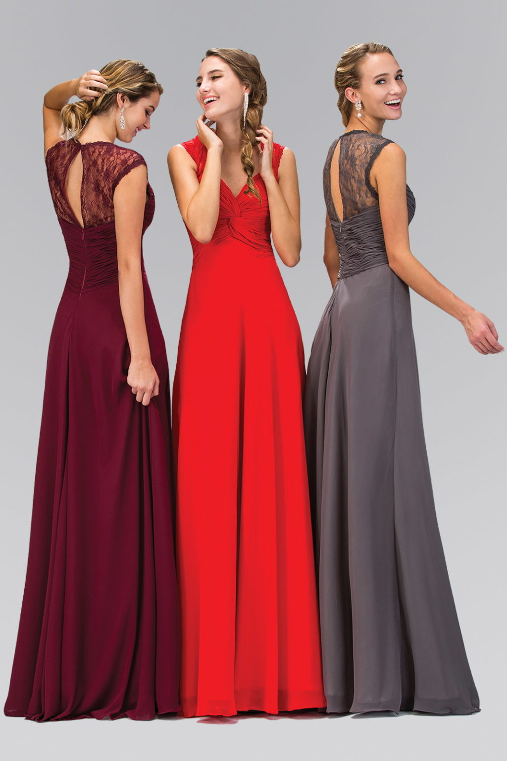 Empire Waist Long Dress with Ruched Bodice and Lace Back