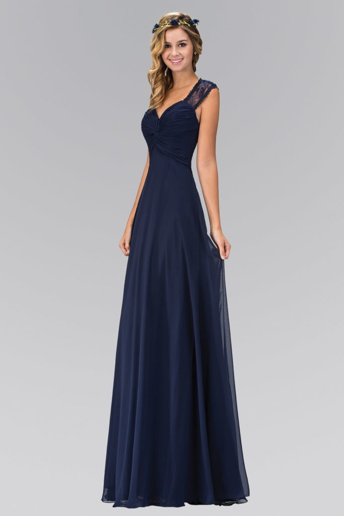 Empire Waist Long Dress with Ruched Bodice and Lace Back