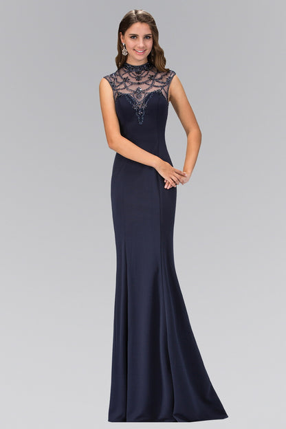 Highneck Navy Long Jersey Dress with Bead Detaiing