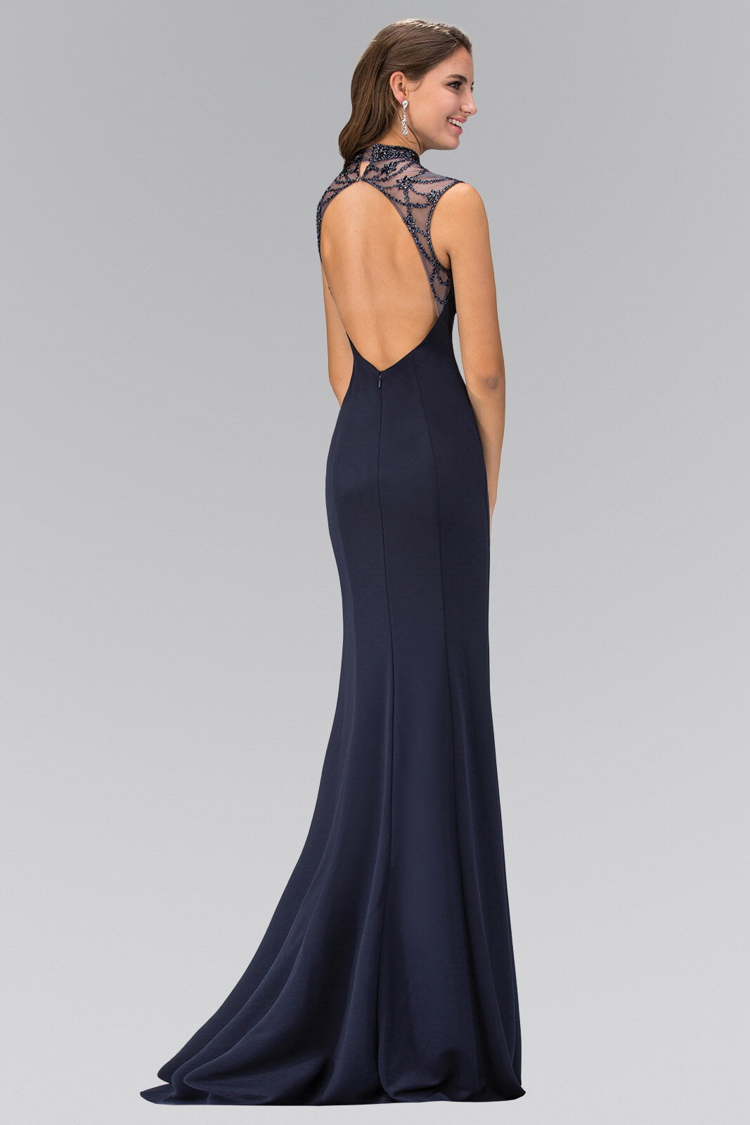 Highneck Navy Long Jersey Dress with Bead Detaiing