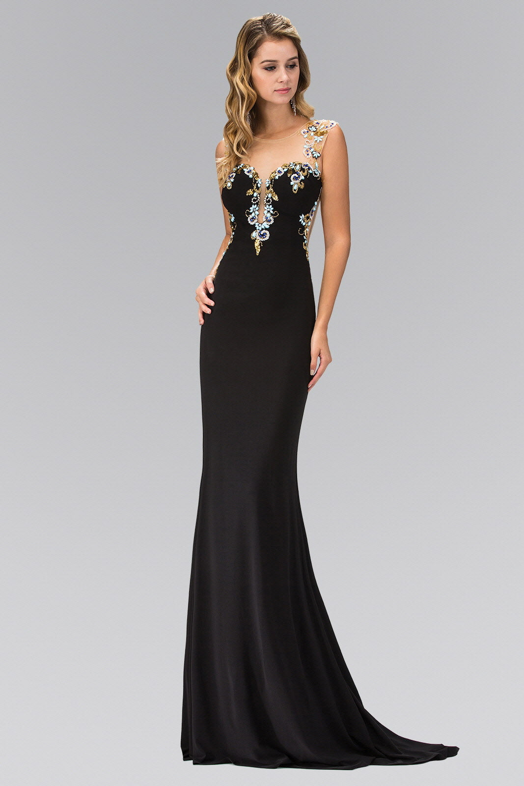 Jewel and Sequin Embellished Jersey Long Dress with Sheer Back