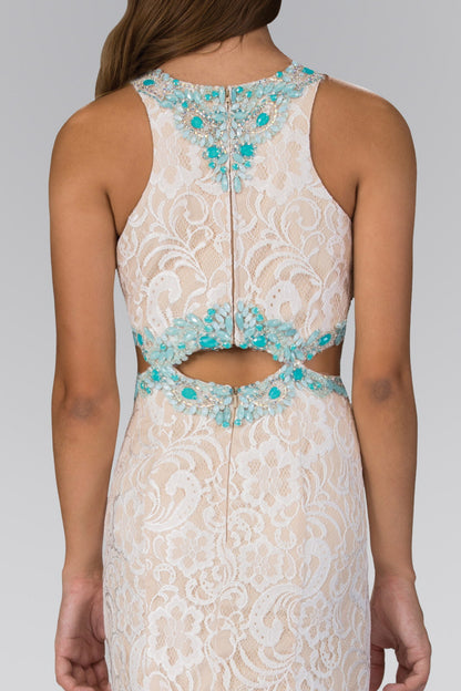 Long Ivory Lace Dress Accented with Bluish Jewel and Cut Outs