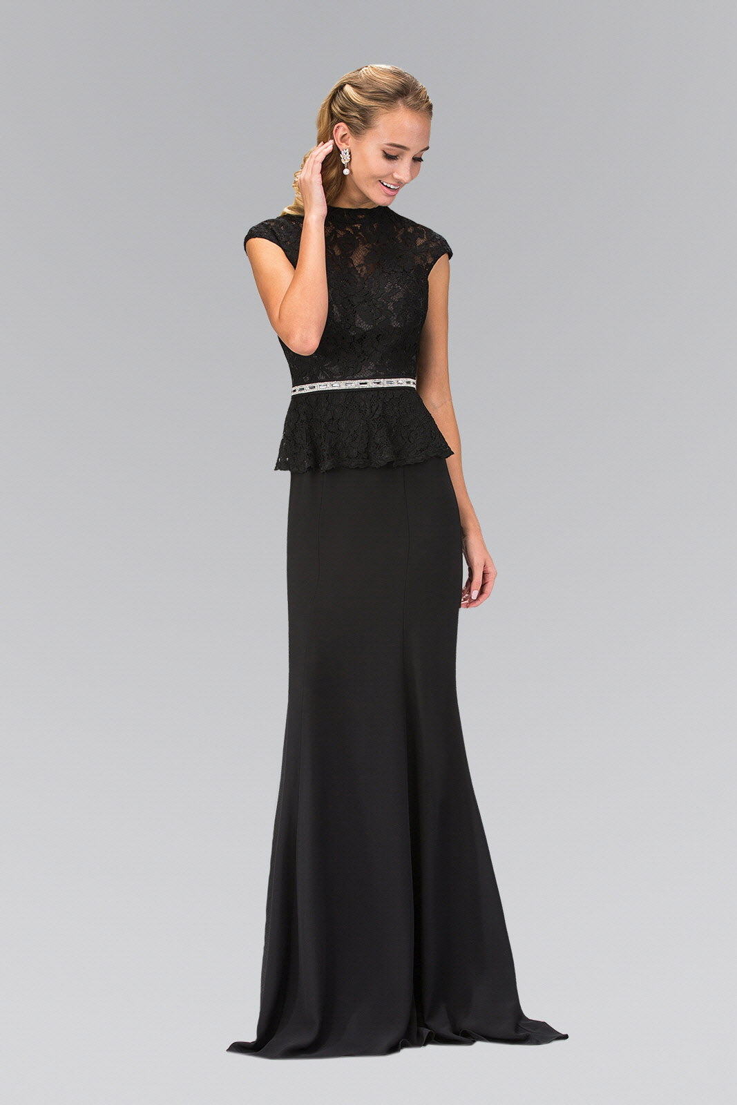 High Neck Cap Sleeve Peplum Long Dress