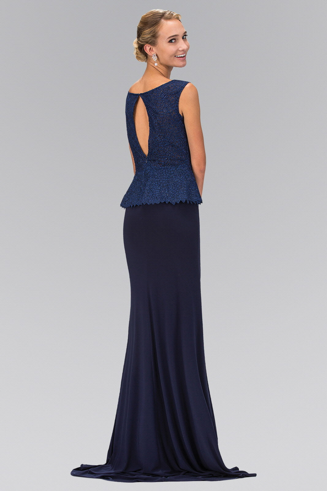 Peplum Floor Length Jersey Dress with Lace Bodice