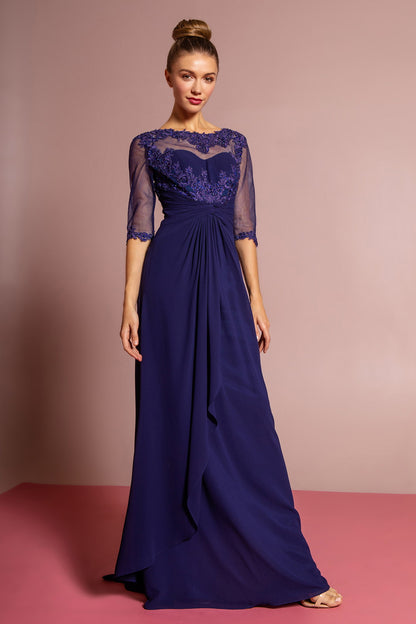 Chiffon Long Dress with Sheer Sleeve and Back