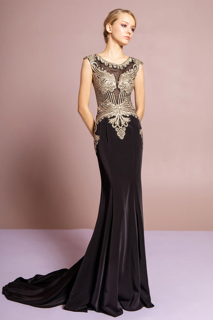 Jewel Embellished Embroidery Jersey Long Dress with Sheer Back