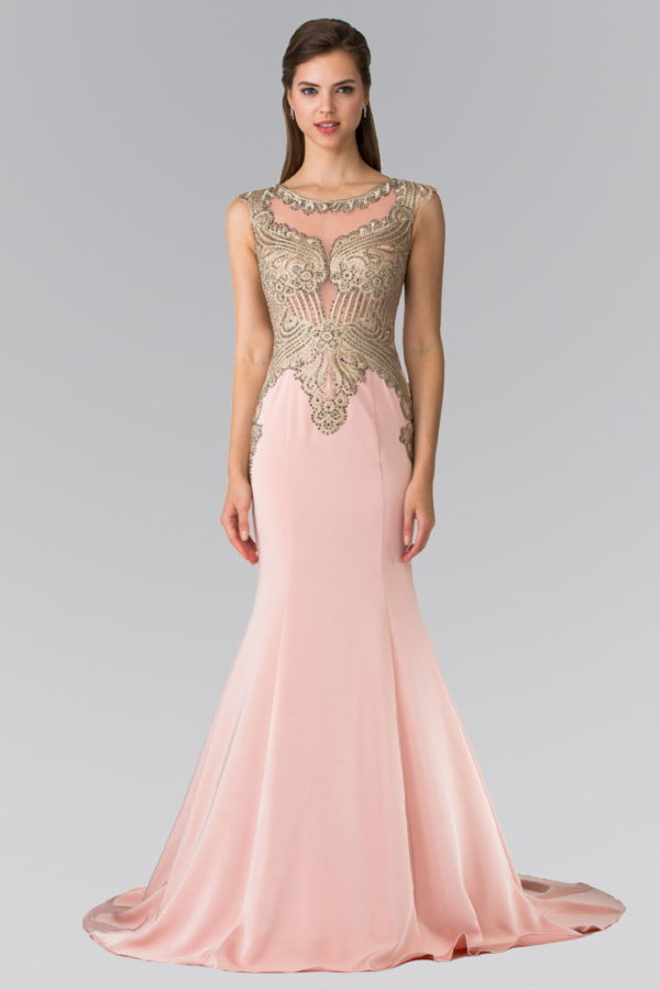 Jewel Embellished Embroidery Jersey Long Dress with Sheer Back