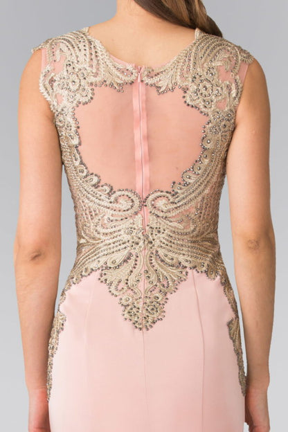 Jewel Embellished Embroidery Jersey Long Dress with Sheer Back