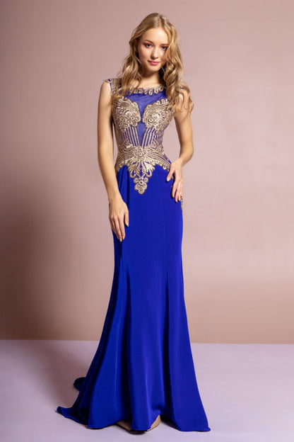 Jewel Embellished Embroidery Jersey Long Dress with Sheer Back