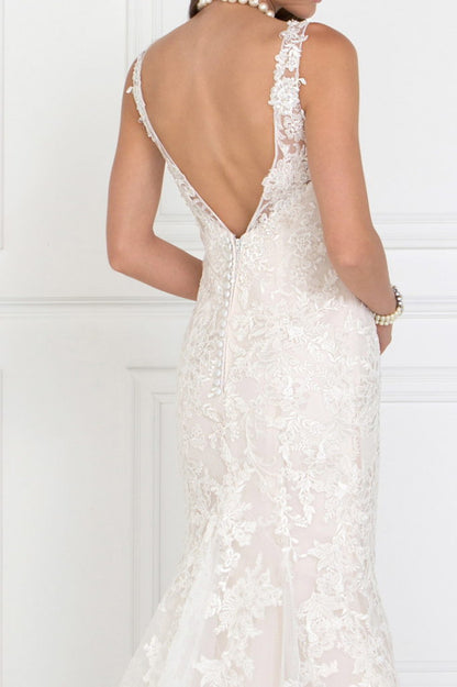 Lace Illusion Sweetheart Mermaid Long Dress with Deep V-Back