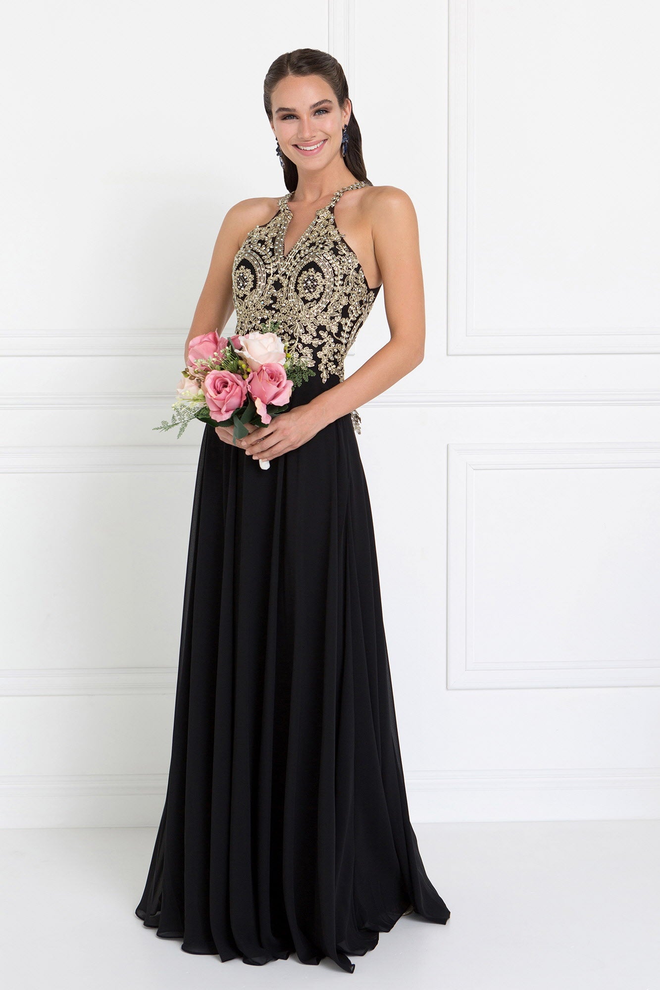 Chiffon Deep V-Back A-Line Long Dress Accented with Embroidery