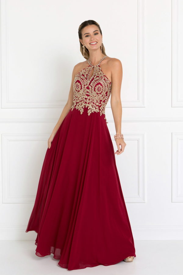 Chiffon Deep V-Back A-Line Long Dress Accented with Embroidery