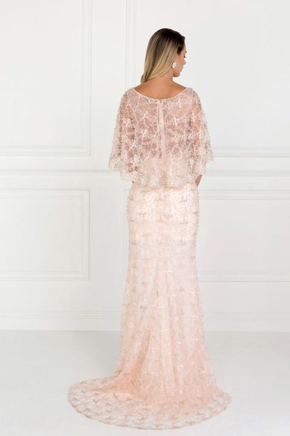 Mesh Mermaid Long Dress with Embroidered Cape Sleeves