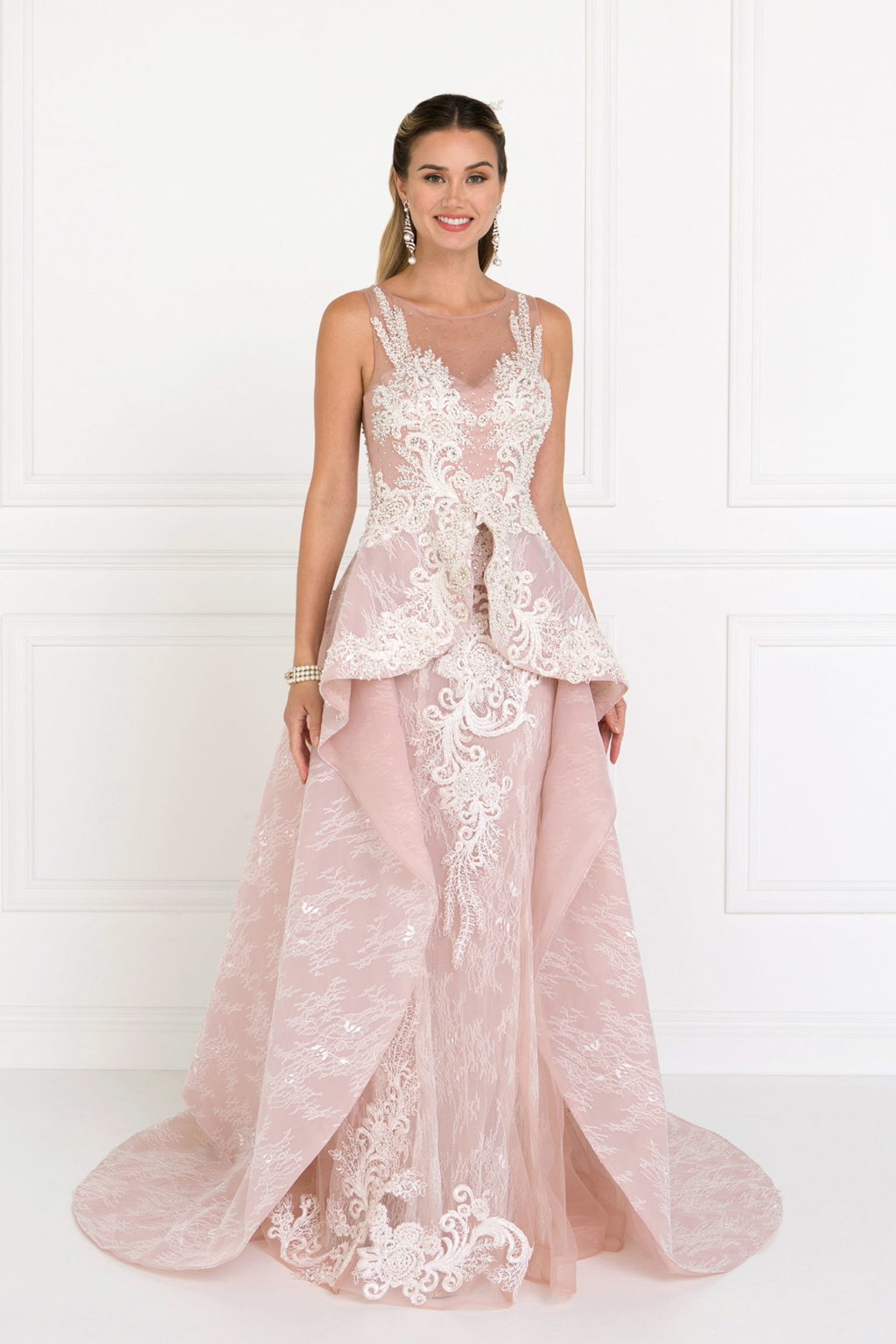 Lace Illusion Sweetheart A-Line Long Dress with Organza Overlay