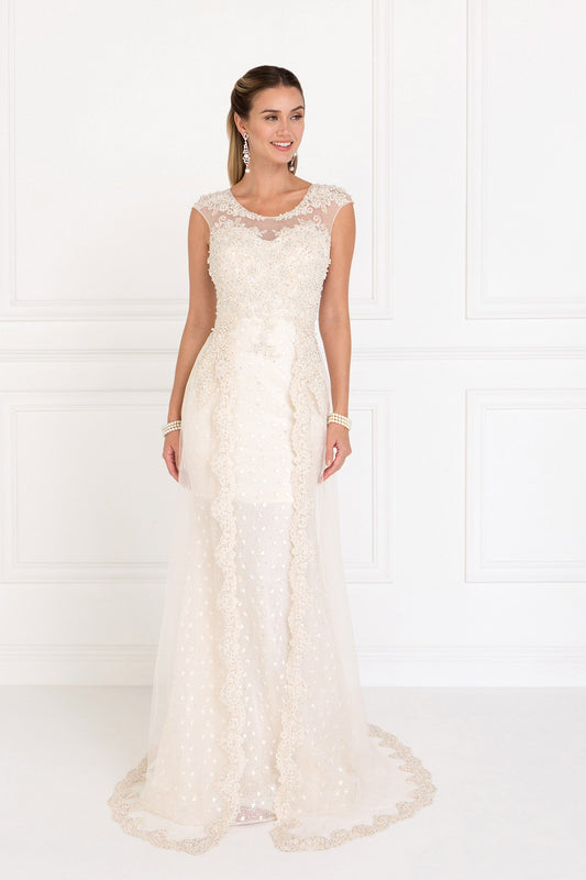 Lace A-Line Long Dress with Tulle Overlay