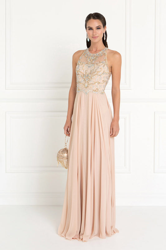 Chiffon A-Line Long Dress with Beads and Jewels Embellished