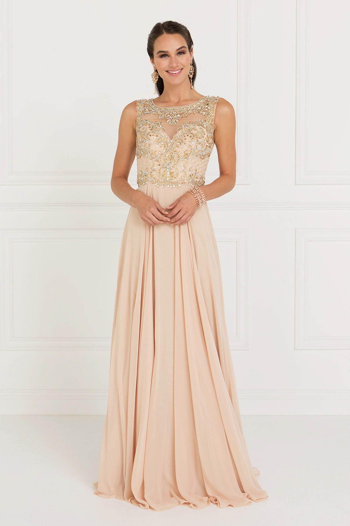 Chiffon Illusion Sweetheart A-Line Long Dress with Cut-Out Back