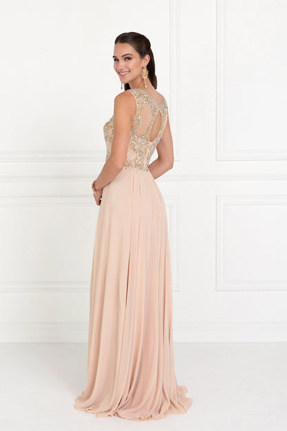 Chiffon Illusion Sweetheart A-Line Long Dress with Cut-Out Back