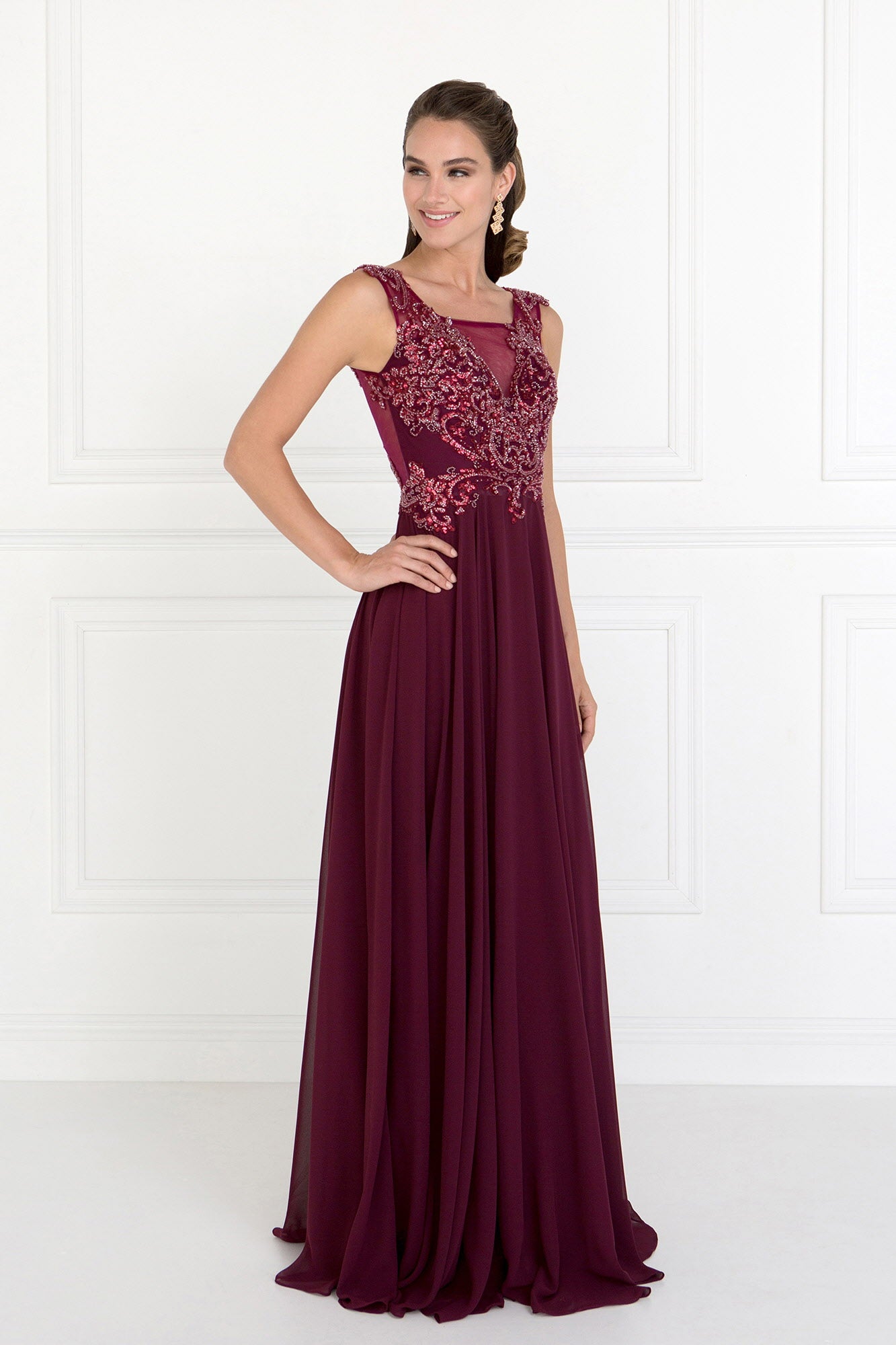 Chiffon Illusion V-Neck A-Line Long Dress with Beads Embellished