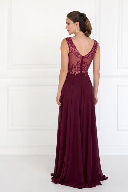 Chiffon Illusion V-Neck A-Line Long Dress with Beads Embellished