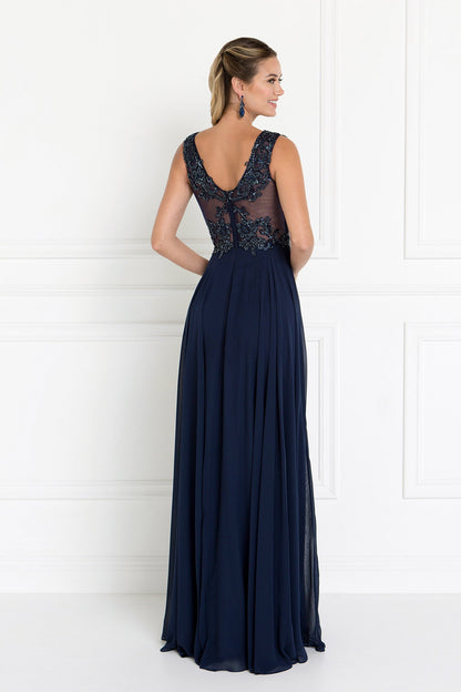 Chiffon Illusion V-Neck A-Line Long Dress with Beads Embellished