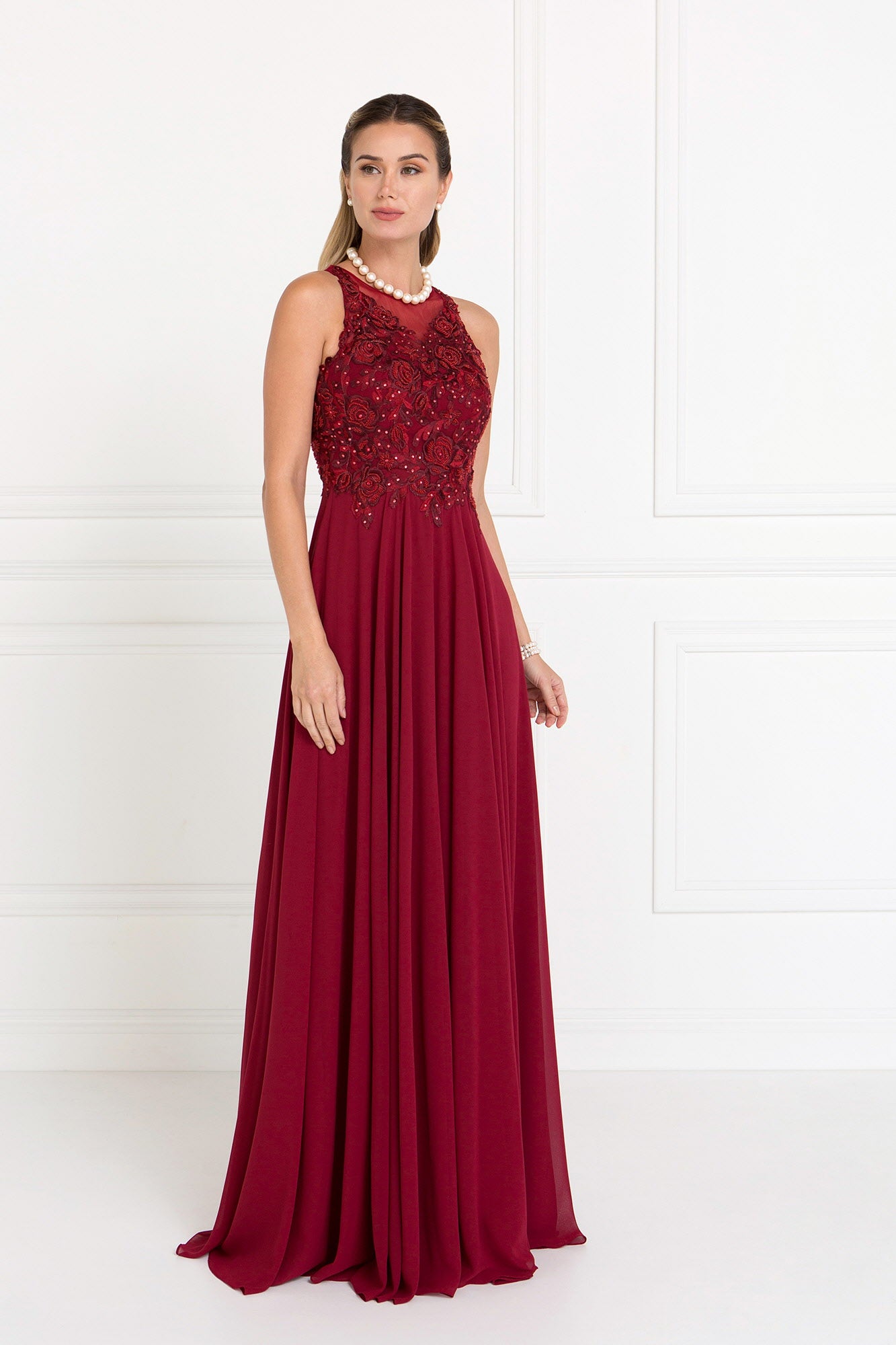 Chiffon A-Line Long Dress with Embroidery and Jewels Embellished