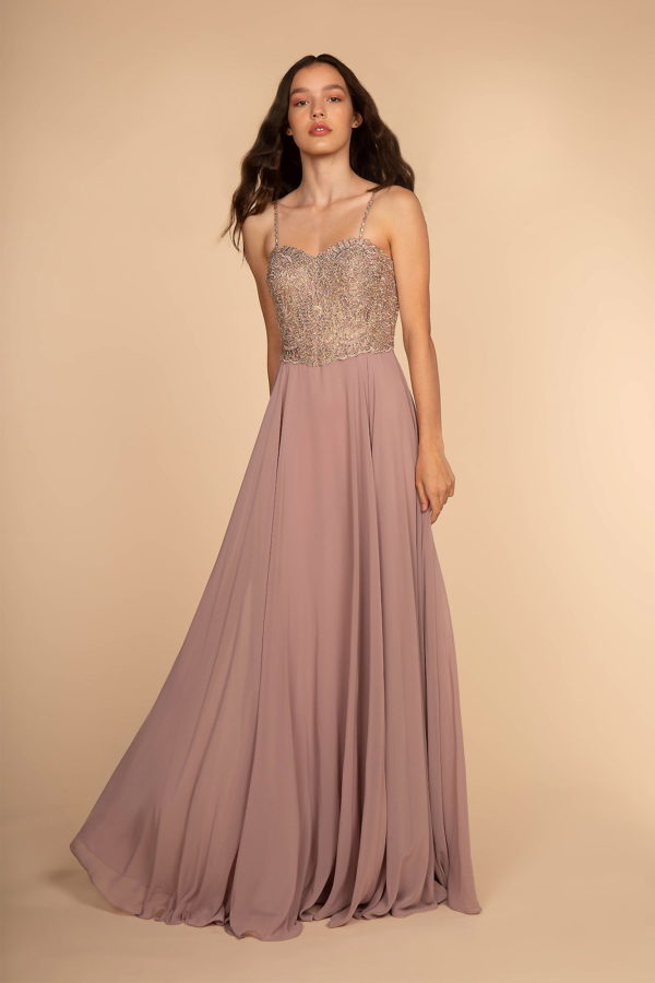 Chiffon Sweetheart A-Ling Long Dress with Jewels Embellished