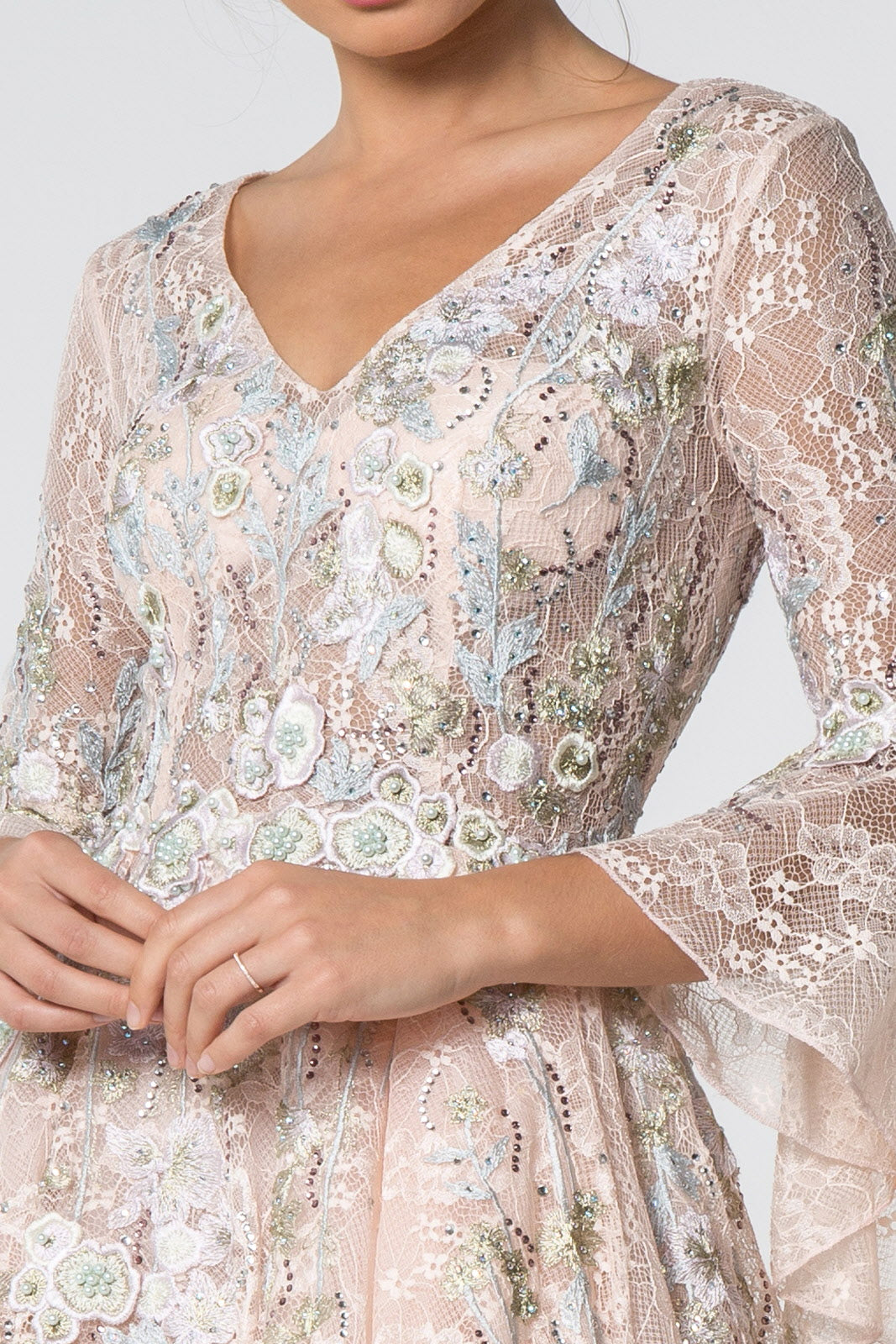 Lace V-Neck A-Line Long Dress with Embroidery and Trumpet Sleeves