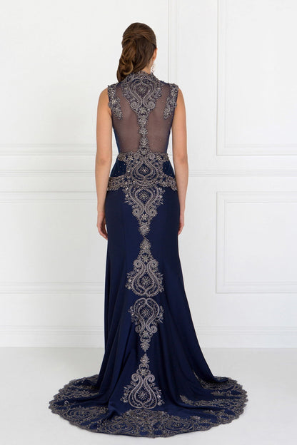 Rome Jersey Mermaid Long Dress with Metallic Embroidery