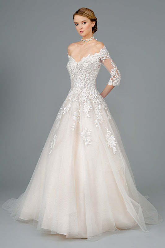 Embroidered Glitter Mesh V-Neck Wedding Gown w/ 1/2 Sleeve