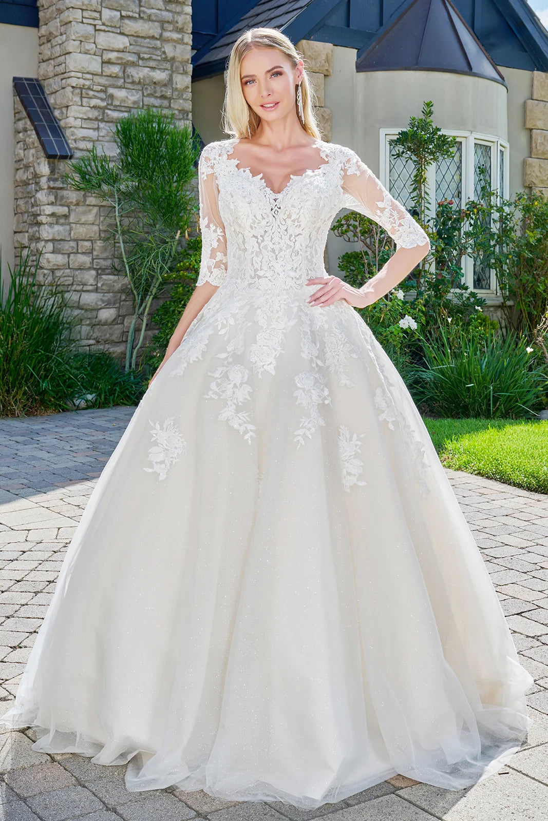 Wedding dress with V-neck, embroidered sparkly mesh and 1/2 sleeves
