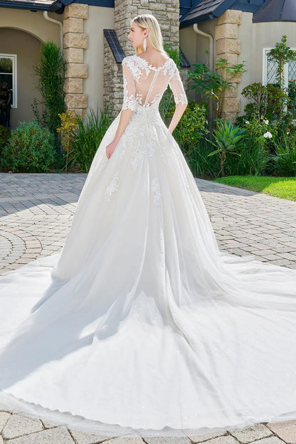 Wedding dress with V-neck, embroidered sparkly mesh and 1/2 sleeves